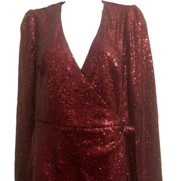 JUSTFAB Red Sequin Wrap Dress Long Sleeve V Neck Party Occasion Size‎ S - Picture 2 of 5